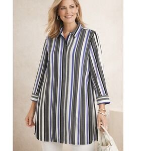 Chico's Vertical Stripe Popover Tunic in Black, White & Blue
